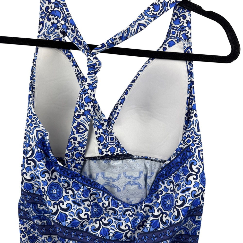 Lands' End Tankini Top Womens 12 Blue White Medallion Tile Twist Front - Picture 7 of 11